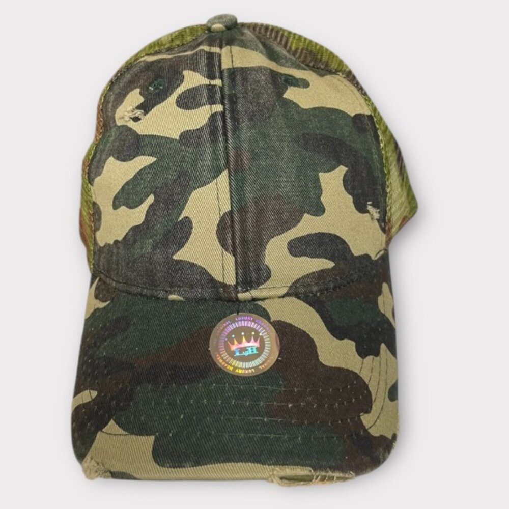 Camouflage Distressed Baseball Cap - Green with Mesh Back, adjustable strap